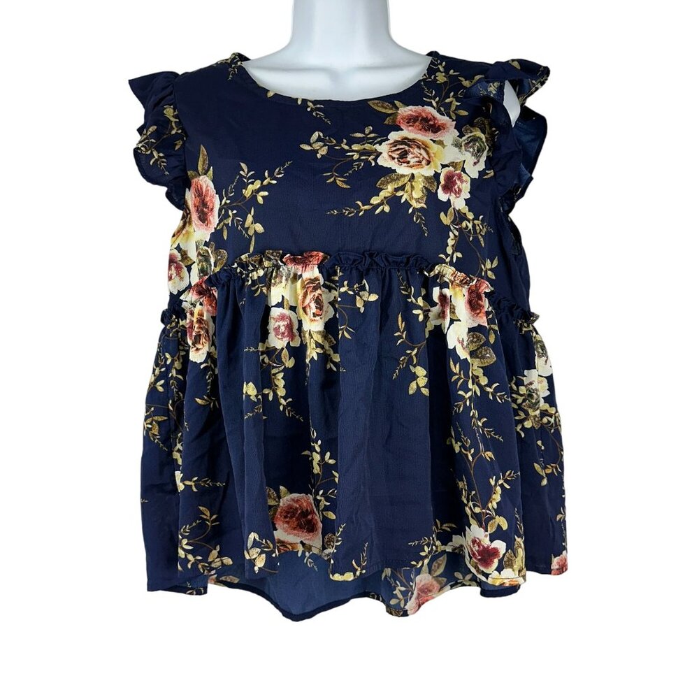 Shein Womens Floral Ruffle Sleeve Babydoll Top Navy Blue Size Large
